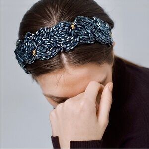 White House Black Market Blue Floral Elegant Beaded Headband NEW